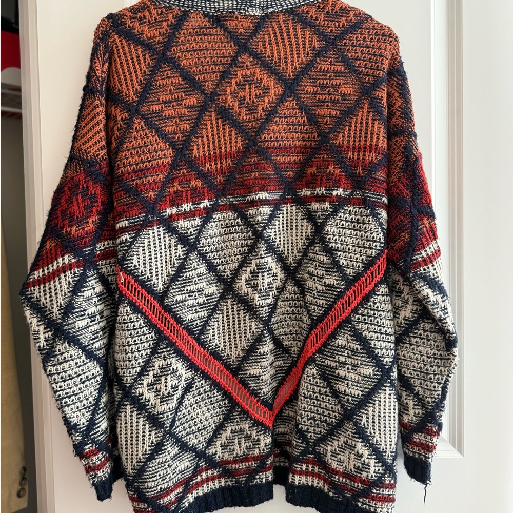 Anthropologie Orange and Blue Geometric Cardigan - Picture 2 of 4
